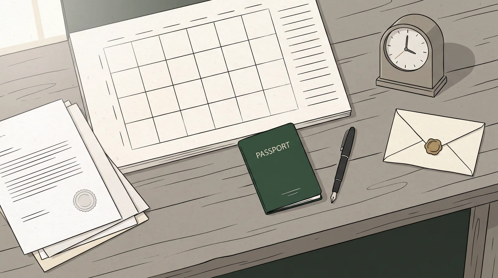 A calendar, documents, a passport and a clock laid out on a desk